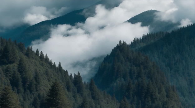 Vertical shot of forests mountains and the cloudy sky Generative AI