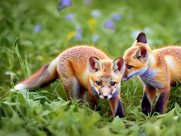 Vertical shot of foxes wandering around rocks in a forest