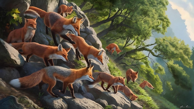 Vertical shot of foxes wandering around rocks in a forest