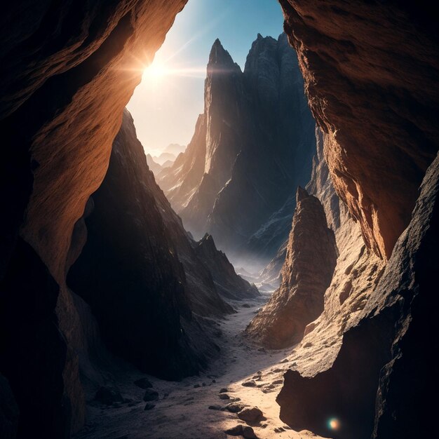 Foto fotografia verticale dall'interno di una grotta con una montagna