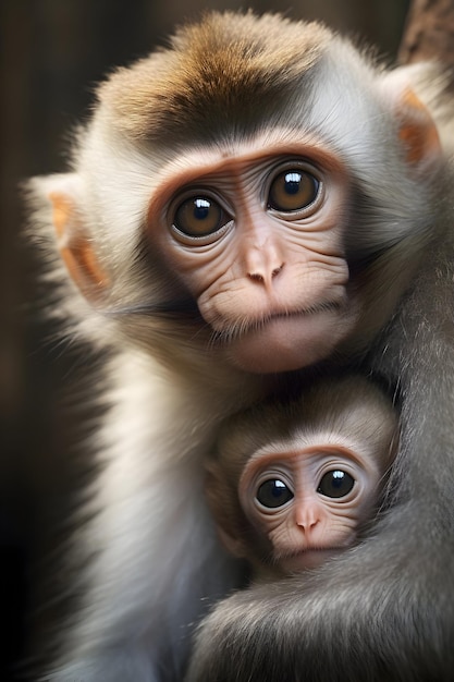 Vertical Shot A Furry Monkey With Her Baby