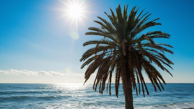 Vertical shot of a gorgeous palm at the edge of the sea under the bright sunny sky