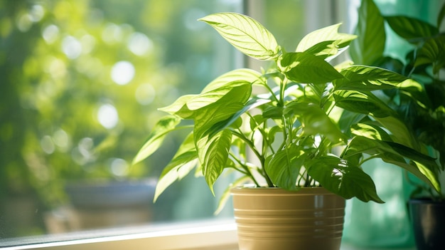 a vertical shot of green plants in a pot on a window sill