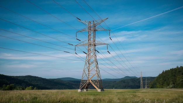Vertical shot of high voltage electric tower with green meadow in the foreground