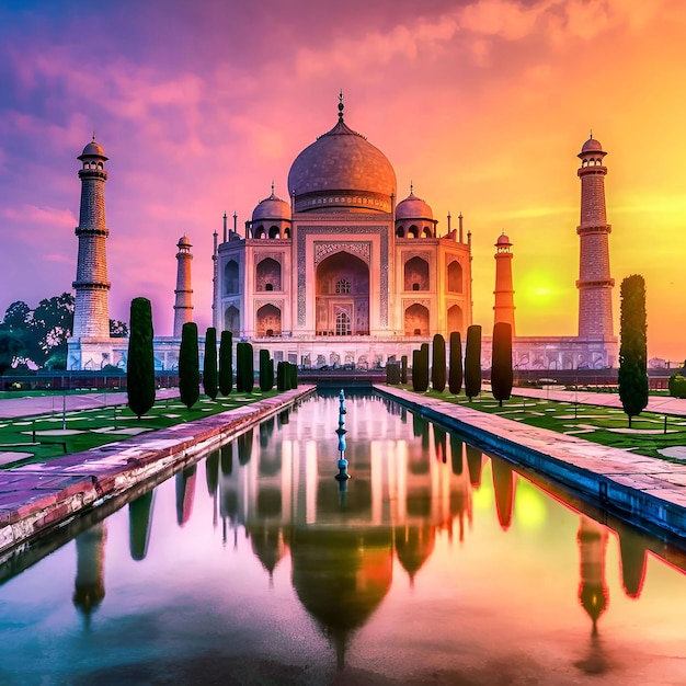 Vertical shot of the historic Taj Mahal reflects ancient spirituality at sunset