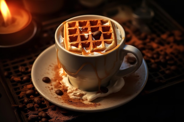 vertical shot of hot coffee with waffles