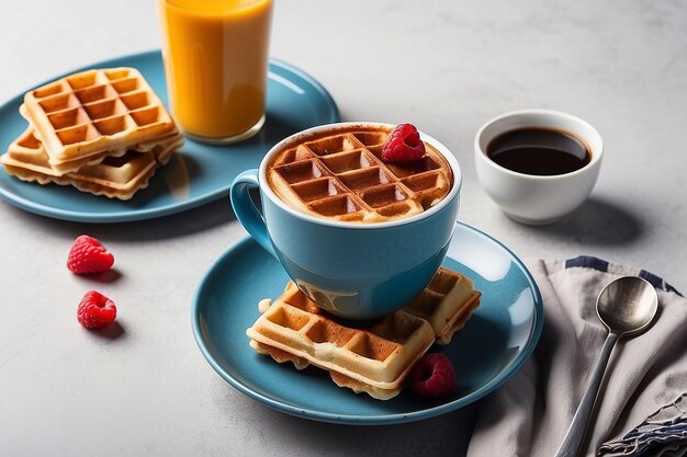 Vertical shot of hot coffee with waffles