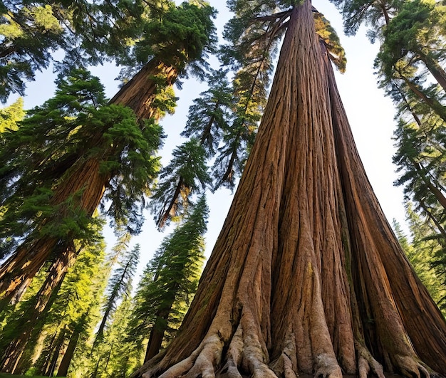 A vertical shot of a huge redwood forest on a sunny day