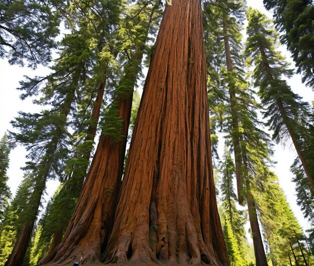 A vertical shot of a huge redwood forest on a sunny day