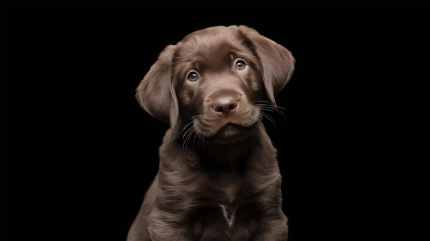 Vertical shot of a lovely chocolate labrador puppy on black