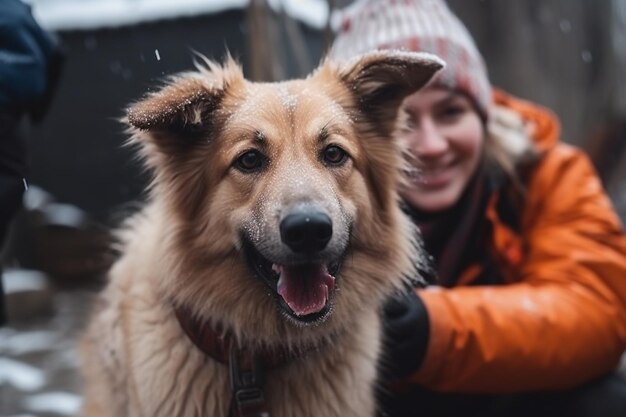 Vertical shot of a lovely excited dog with a volunteer in winter shelter concept