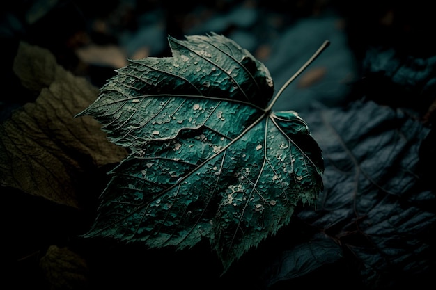 Vertical shot of magical green leaf at night