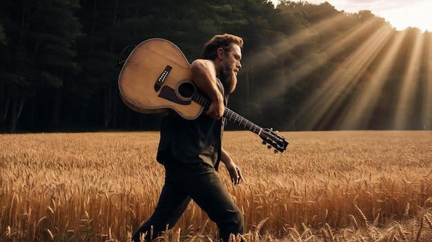 Photo vertical shot of a male walking in a field next to a forest with a guitar on his back