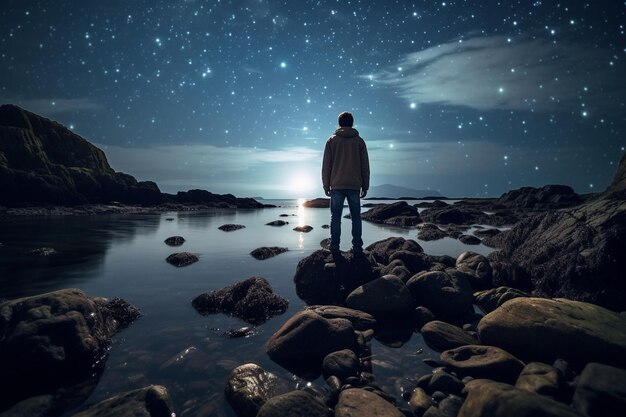 Vertical shot of a man standing on the rocks and looking at the shining stars in the night