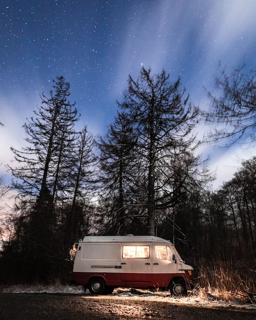 A vertical shot of a Mercedes Benz Astro van parked in a forest