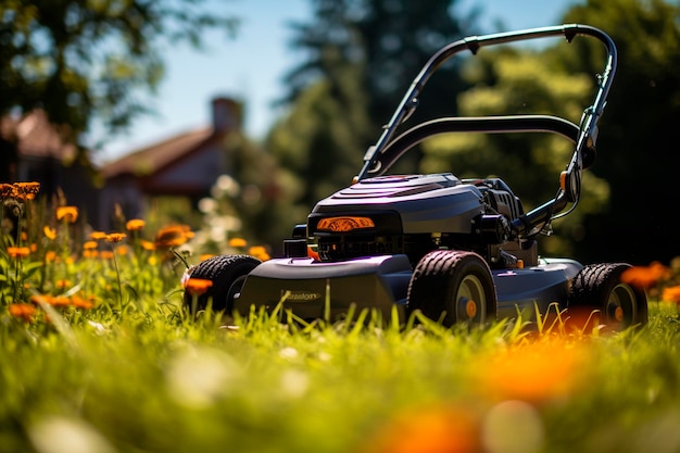 A vertical shot of a mower on a lawngenerative ai