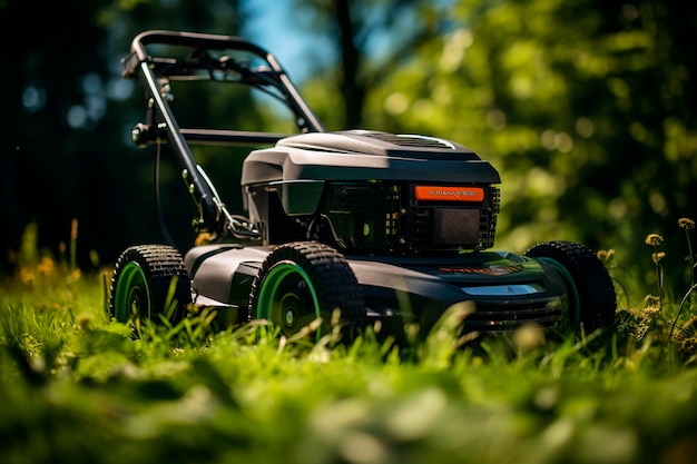 A vertical shot of a mower on a lawngenerative ai