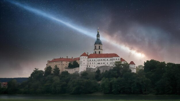 Photo vertical shot of a neowise comet flying over the pernstejn castle in the czech republic