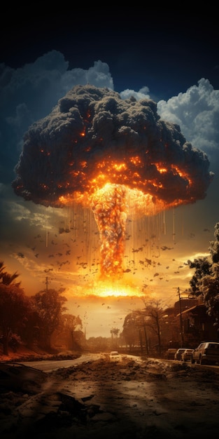 Photo vertical shot of a nuclear bomb explosion nuclear war concept nuclear mushroom generative ai