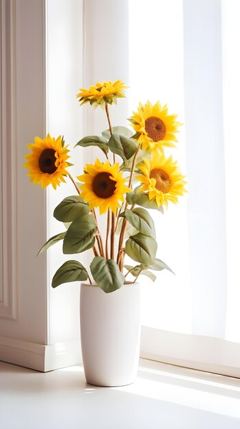 写真 部屋の装飾に最適な自然光の部屋内の白いポットの植物の垂直ショット