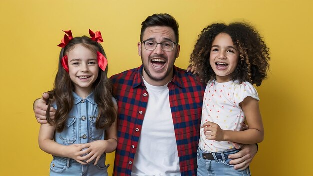 Photo vertical shot of overemotive joyful single dad and two daughters celebrate fathers day wear festi