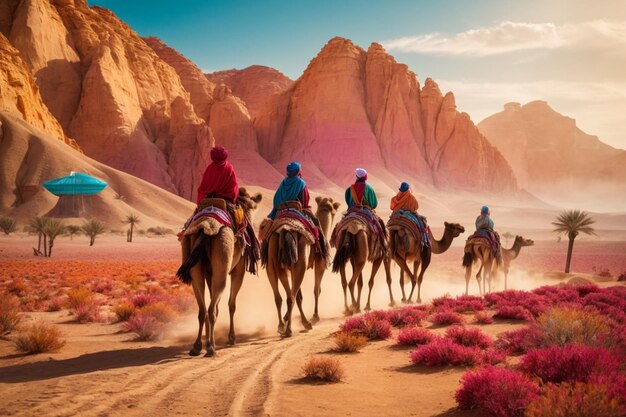 Vertical shot of people riding camels on a sand dune in the desert