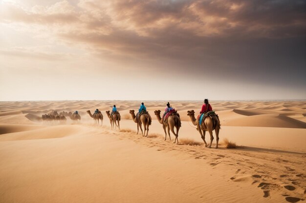 Vertical shot of people riding camels on a sand dune in the desert