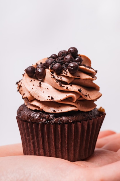 Vertical shot of a person holding a chocolate cupcake under the lights on a grey background