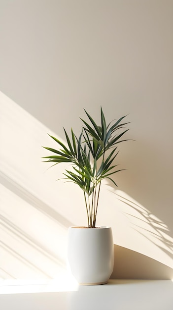 Vertical shot of a plant in a white pot inside a room natural light great for a room decor