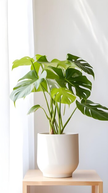 Photo vertical shot of a plant in a white pot inside a room natural light great for a room decor