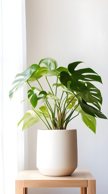 Vertical shot of a plant in a white pot inside a room natural light great for a room decor