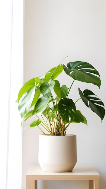 Vertical shot of a plant in a white pot inside a room natural light great for a room decor