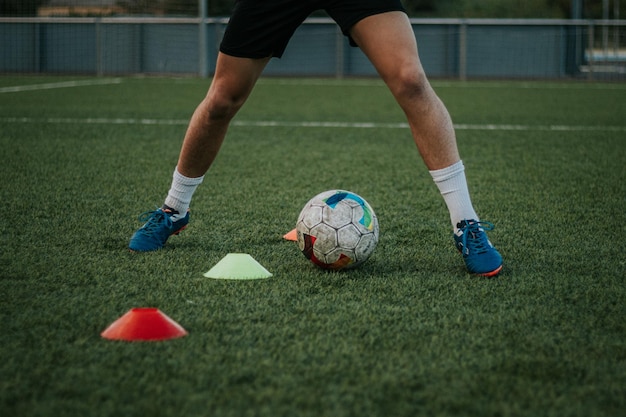 Vertical shot of player's legs dribbling cones on grass field.