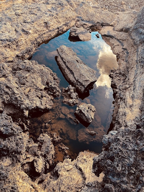 Vertical shot of a puddle in a rocky area reflecting the cloudy sky