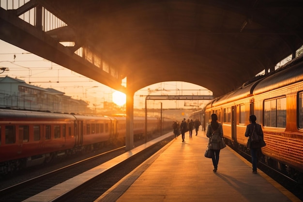 Vertical shot of a railway station with the train during the sunrise
