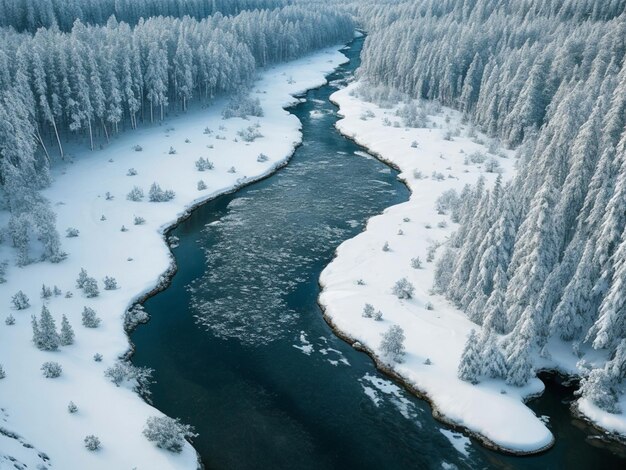 Vertical shot of a river with snow
