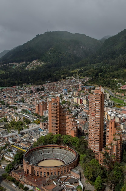 A vertical shot of the Santamaria bullring in Bogota, Colombia