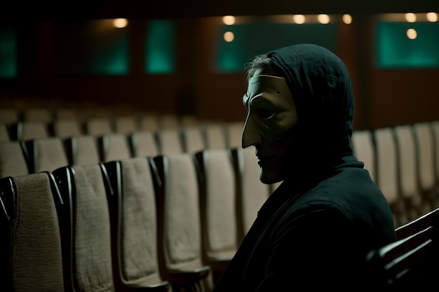 Foto ripresa verticale di un uomo mascherato spaventoso al teatro membro anonimo presso gli edifici governativi