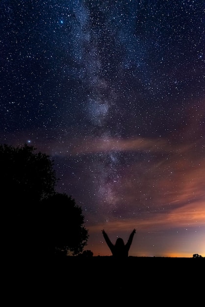 Vertical shot of silhouettes of a person pointing at the milky\
way in the night sky