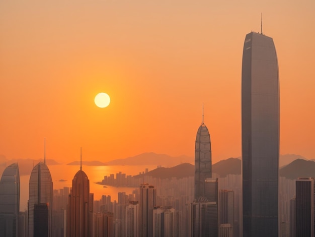 Vertical shot of skyscrapers in hong kong under an orange sky at sunset