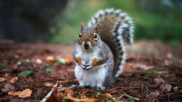 Vertical shot of a squirrel on the forest floor