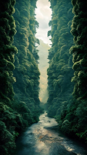 Vertical shot of thick forest and a river