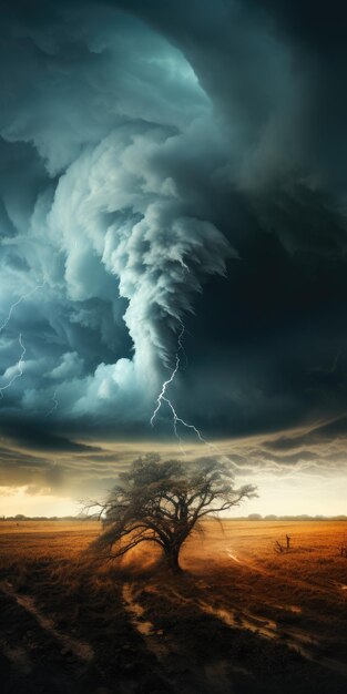 Vertical shot of a tornado with lightning striking the fields at sunset Generative AI