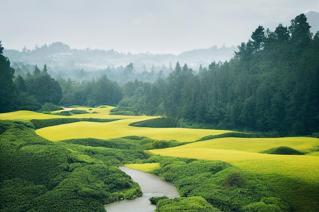 Vertical shot of untouched farm fields with mystic design