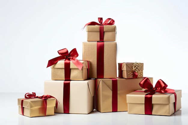 Vertical shot of various sizes of gift boxes with red bows on a white background web banner with spa