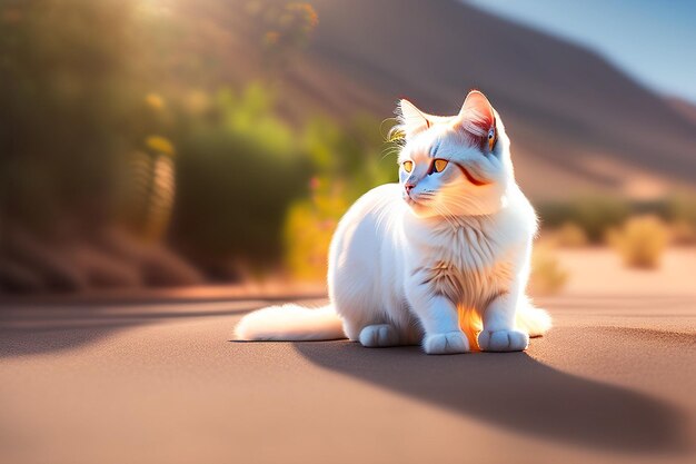 Vertical shot of a white cat on the ground under the sunlight