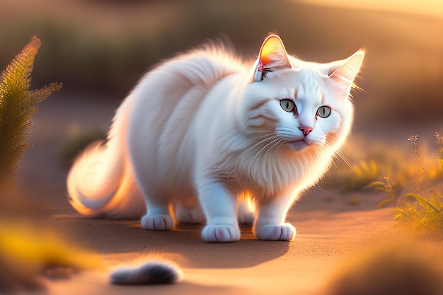 Vertical shot of a white cat on the ground under the sunlight