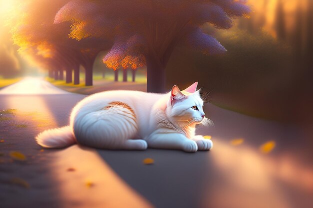 Vertical shot of a white cat on the ground under the sunlight