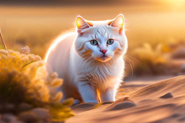 Vertical shot of a white cat on the ground under the sunlight