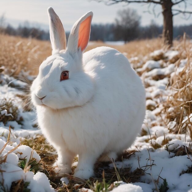 Vertical shot of a white rabbit in a field covered in the snow